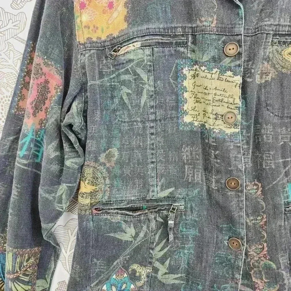 Chicos Womens Japaness Printed Linen Blend Jacket Size 2/ L Button & Zip Details - Picture 4 of 6